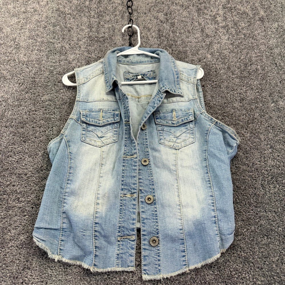 Maurices Denim Vest Womens 1 Blue Jean Button Up Raw Hem Sleeveless Trucker Vest